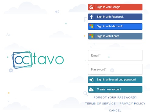Different log-in options available on the Octavo digital reading app